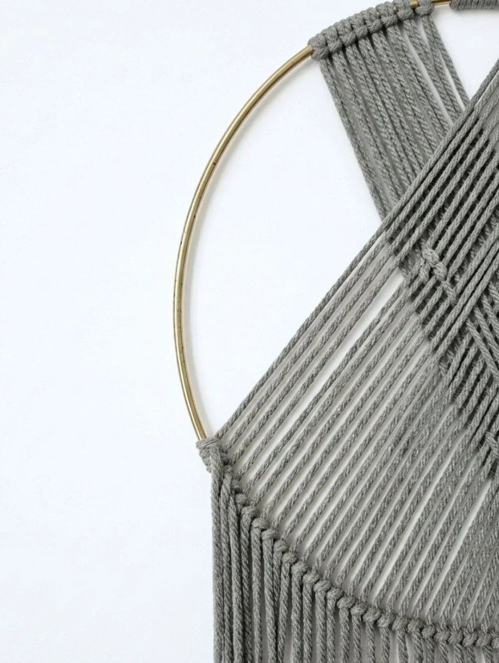 Handmade Macramé Wall Hanging w Gold Hoop Pretty Charcoal Grey